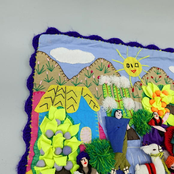 Vintage Peruvian Arpillera Wall Art 3D Textile Tapestry Handmade Pueblo Village - Picture 4 of 13